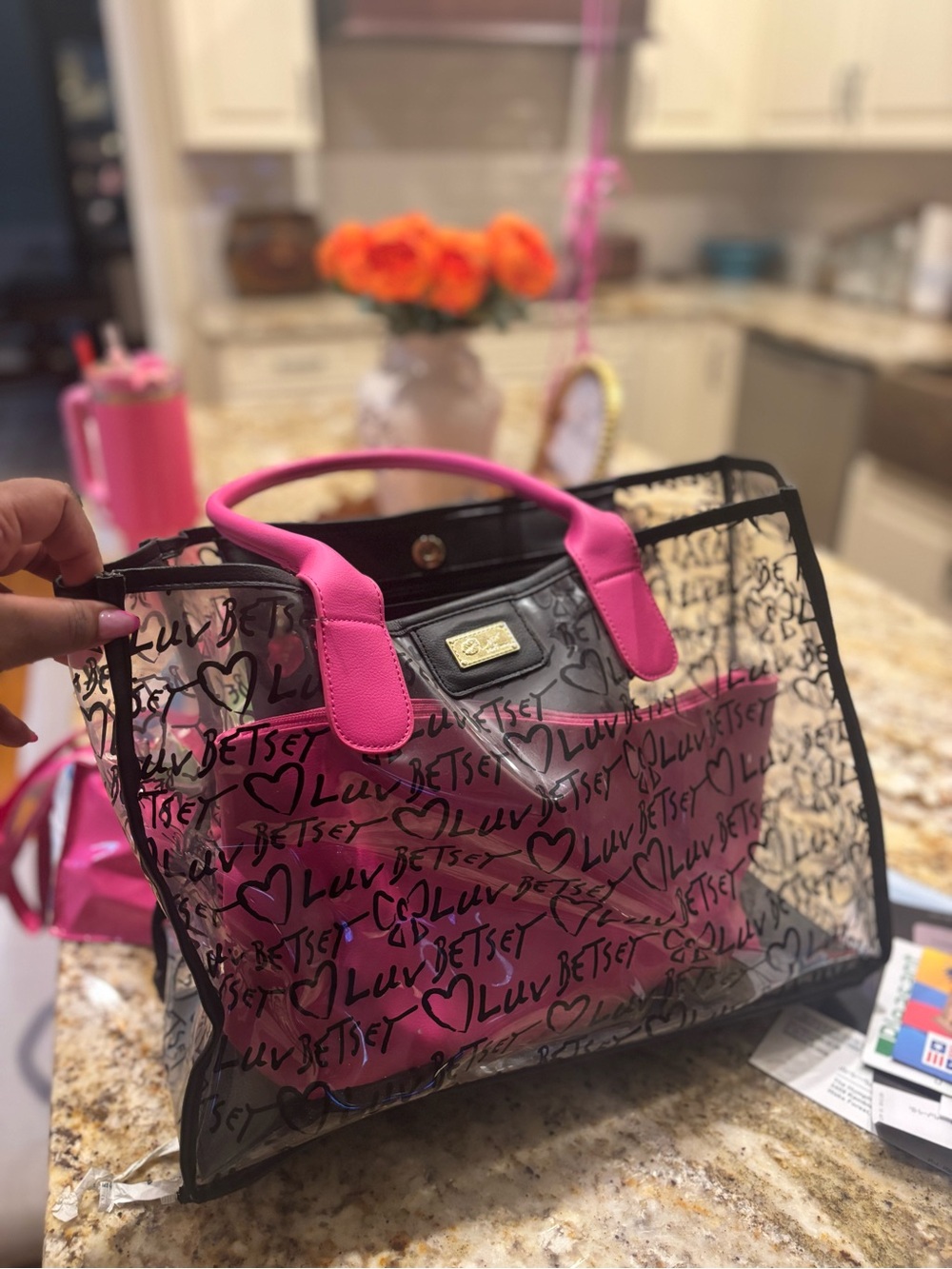 Betsey Johnson Clear Tote with Hot Pink Trim and Black Script